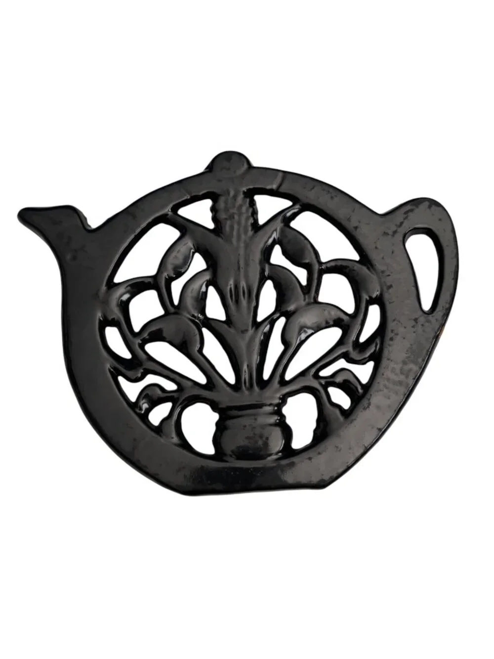Set Of 2 Cast Iron Teapot-Shaped Trivets With Floral Cutout Design Black Finish